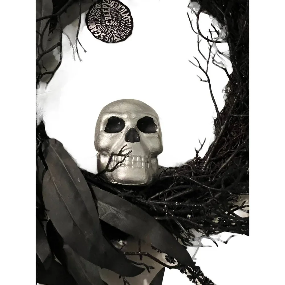 Halloween Black Grapevine Wreath Leaves Black Dangles Silver Skull 18